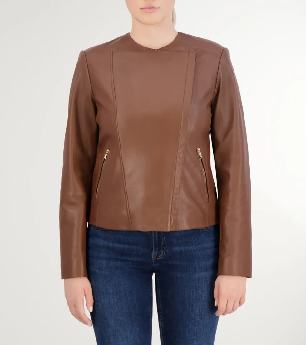 Cole Haan Leather & Suede Jackets | Outerwear*Women's Asymmetrical Leather Jacket HickoryBrown