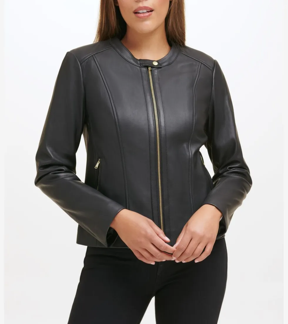 Cole Haan Leather & Suede Jackets | Outerwear*Women's Collarless Leather Jacket Black