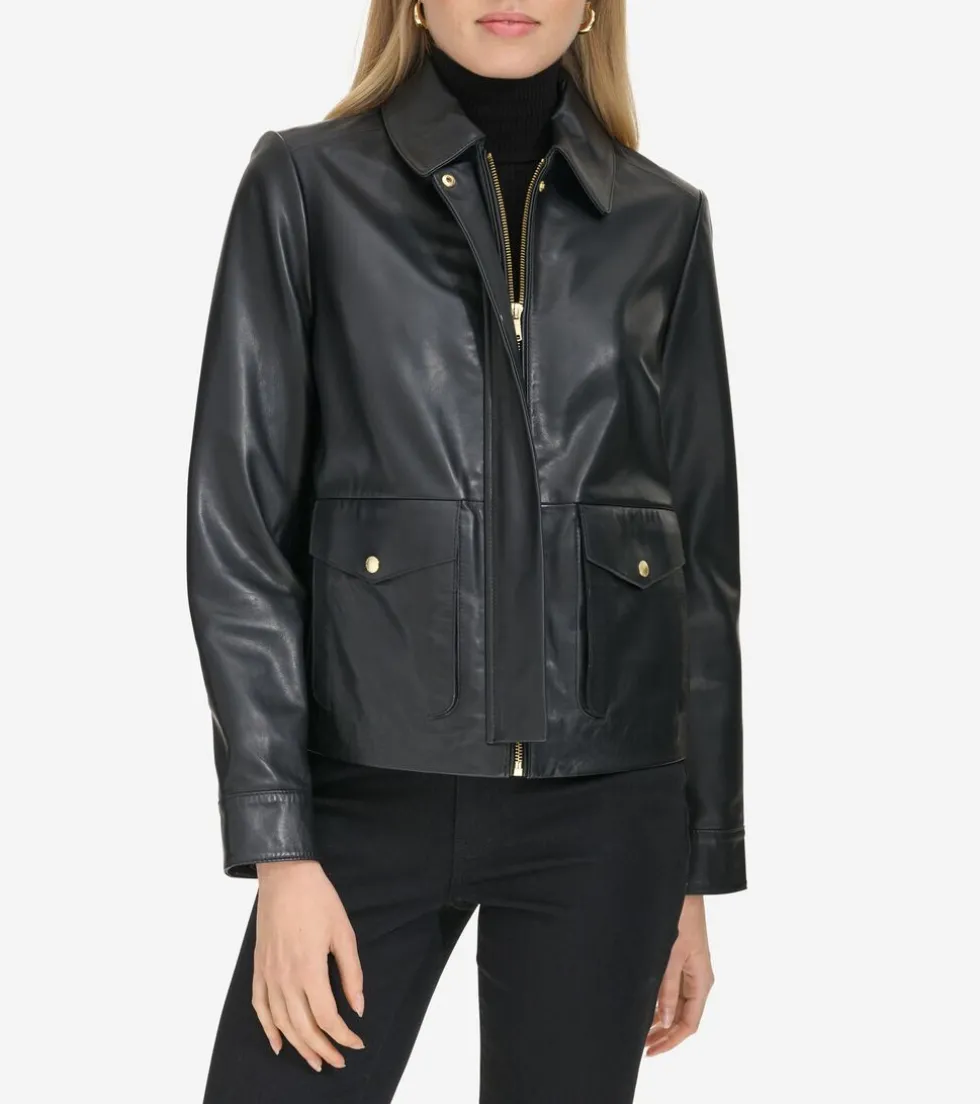 Cole Haan Leather & Suede Jackets | Outerwear*Women's Shirt Collar Trucker Jacket Black