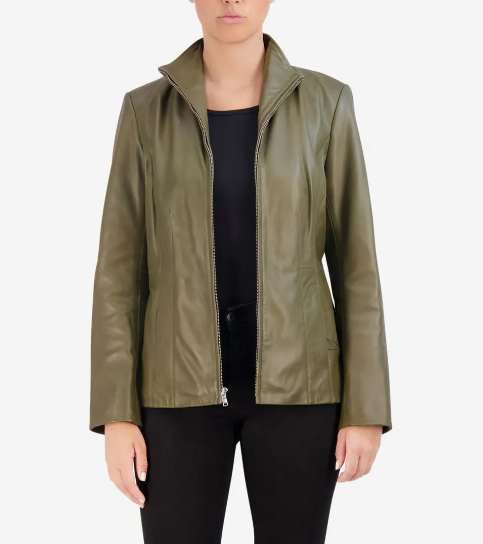 Cole Haan Leather & Suede Jackets | Outerwear*Women's Wing Collar Leather Jacket Sage