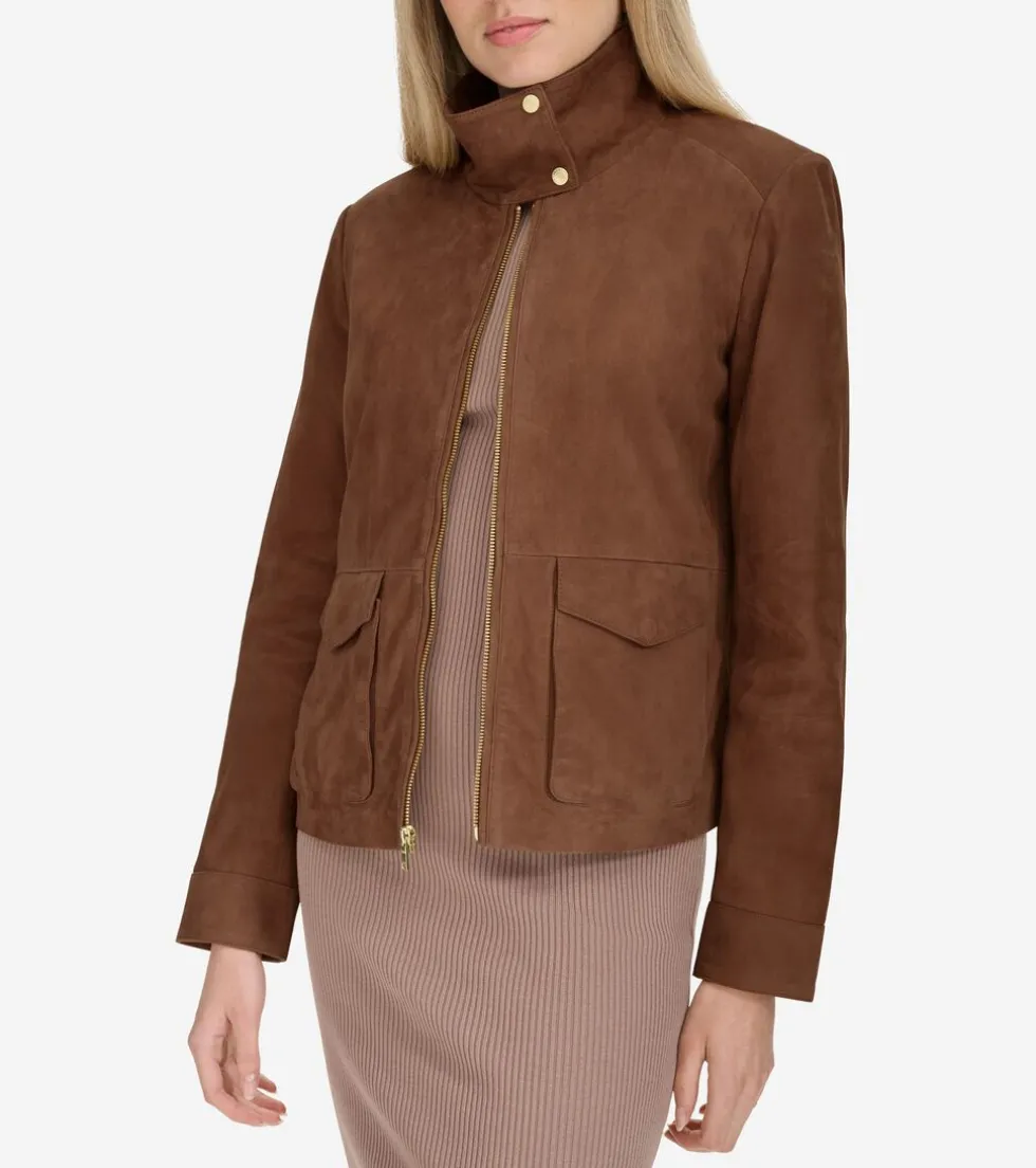 Cole Haan Leather & Suede Jackets | Outerwear*Women's Zip-Front Suede Jacket Chocolate